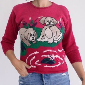 Vintage Northern Getaway Pinky-Red  Dog Long Sleeve Knit Sweater Small